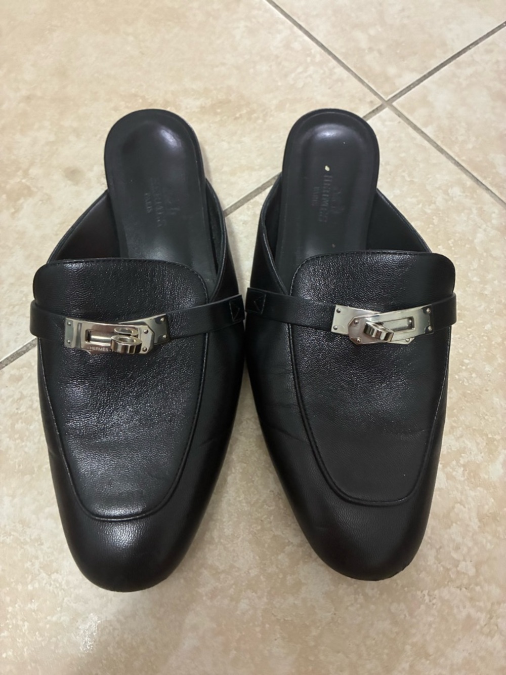Hermes Black Leather Oz Mule Loafers with Silver Hardware